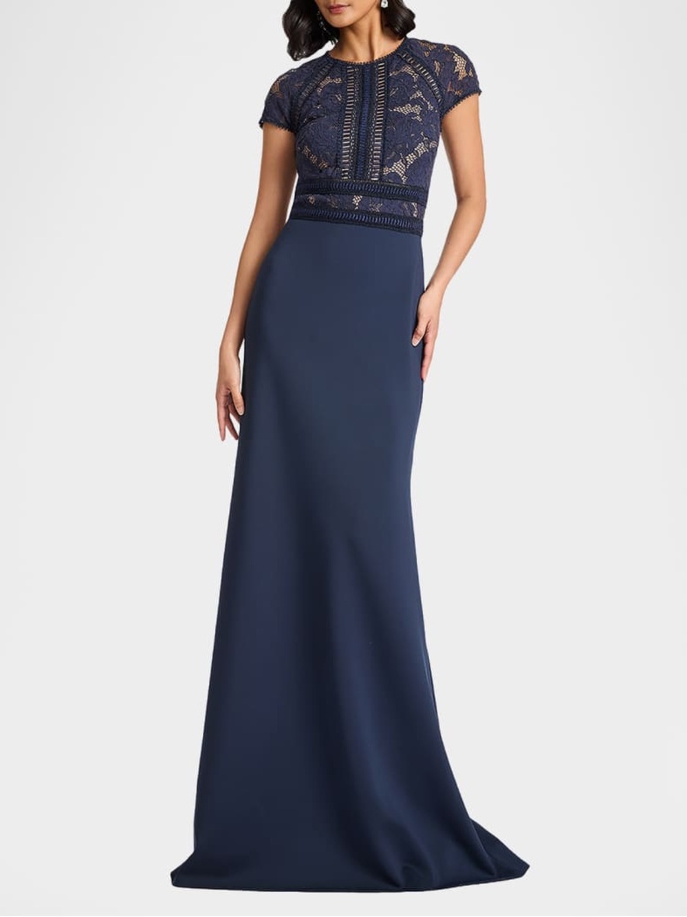Tadashi Shoji Braid-Trim Lace & Crepe Gown Color Navy Nude Size 4